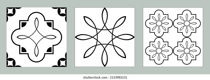 Set od 3 tiles. Black and white tiles collection. Azulejos art design. Spanish, Portugease tiles set. Seamless pattern.