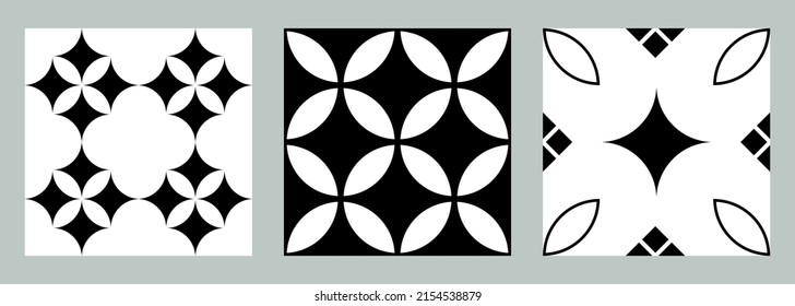 Set od 3 tiles. Black and white tiles collection. Azulejos art design. Spanish, Portugease, Maroccan tiles set. Seamless pattern.