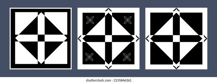 Set od 3 tiles. Black and white tiles collection. Azulejos art design. Spanish, Portugease, Moroccan tiles set.