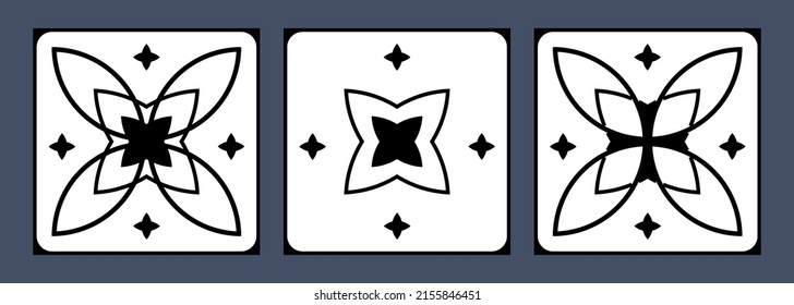 Set od 3 tiles. Black and white tiles collection. Azulejos art design. Spanish, Portugease, Maroccan tiles set.