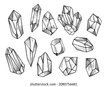 Set od crystals, hand drawn monochrome vector illustration