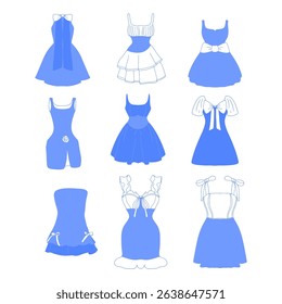 Set od cutee cutting mini dress party, elegant, simple cartoon collection, woman  with beautifull dress