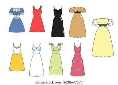 Set od cutee cutting mini dress party, elegant, simple cartoon collection, woman  with beautifull dress