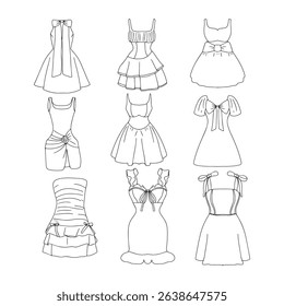 Set od cutee cutting mini dress party, elegant, simple cartoon collection, woman  with beautifull dress