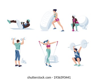 Set od different cartoon people exercising at modern gym vector flat illustration. Athletic man and woman on training apparatus have various physical exercises enjoy sport activity