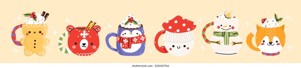 Set od different mug. Christmas chocolate cups with treats, gingerbread, cookies, marshmallow. Childish print for cards, stickers, decoration. Cute menu illustration. New year vector illustration 