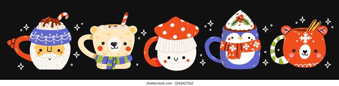 Set od different mug. Christmas chocolate cups with treats, gingerbread, cookies, marshmallow. Childish print for cards, stickers, decoration. Cute menu illustration. New year vector illustration 