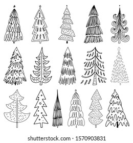 Set od hand drawn of Christmas trees. Holidays background. Abstract doodle drawing woods. Vector illustration. Use for Greeting ccrapbooking, congratulations,invitations.