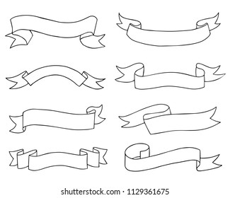 Set od Hand drawn Doodle Ribbon Banners isolated on white background.