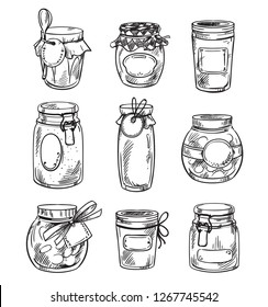 Set od hand drawn mason jars with jam, vector illustration 