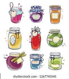 Set od hand drawn mason jars with jam, vector illustration 