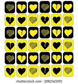 set od hearts with square shape on white background. love icon. black and yellow colors. hand drawn vector. romantic, valentine's day. doodle art for wallpaper, poster, banner, greeting card, cover. 