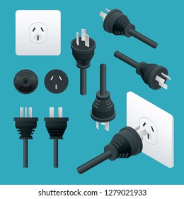 Set od Plugs and Sockets Type I. Used in Australia, New Zealand, Papua New Guinea, Argentina. View front and isometric. Vector illustration