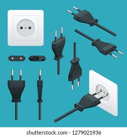 Set od Plugs and Sockets Type C. Used in Europe, with the exception of the UK, Ireland, Cyprus and Malta. View front and isometric. Vector illustration