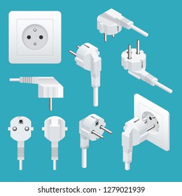 Set od Plugs and Sockets Type E. Used in Europe, France, Belgium, Slovakia and Tunisia, Burundi, Cameroon among others. View front and isometric. Vector illustration