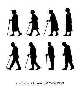 Conjunto de silueta de hombre viejo y mujer caminando, anciana, mujer mayor - Vector illustrationzki
