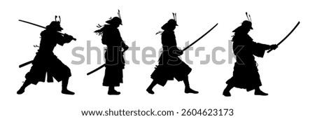 Set od silhouette of a samurai with a sword - vector illustration.