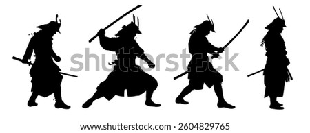 Set od silhouette of a samurai with a sword - vector illustration.