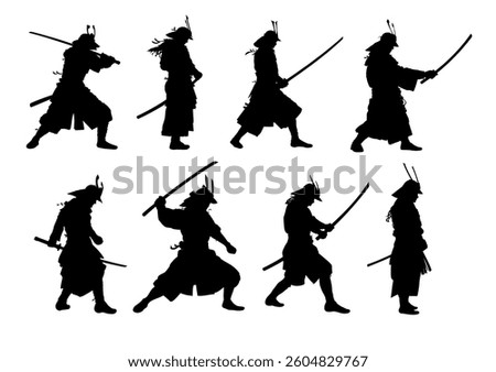 Set od silhouette of a samurai with a sword - vector illustration.