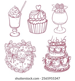 Set od Sweet Desserts. Line Art Illustration.