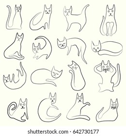 Set of odd funny primitive style cats. Freehand drawing, line art, black and white doodle style icon. Cute cats expressing different emotions.