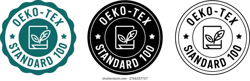 Set of OEKO TEX Standard 100 certification badge icons in different styles, symbolizing eco friendly textile standards.