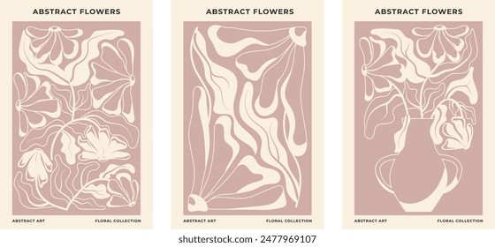 Set of3 abstract floral posters.Floral botanical vector illustration in one color. Modern poster and background in trendy naive retro hippie 60's 70's retro style. 