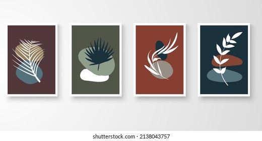 Set ofabstract art nature vector. Modern line art drawing with organic shape composition earth tone color. Foliage botanical leaves, stone art vector illustration.