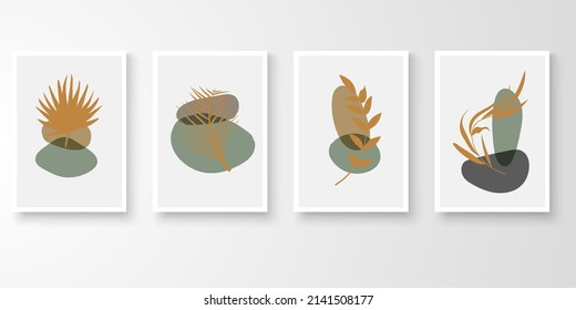 Set ofabstract art nature vector. Modern line art drawing with organic shape composition earth tone color. Foliage botanical leaves, stone art vector illustration.