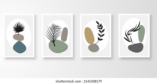 Conjunto de vector de naturaleza de arte abstracto. Dibujo de arte de línea moderno con composición de forma orgánica color de tono de tierra. Hojas botánicas de follaje, ilustración vectorial de arte de piedra.