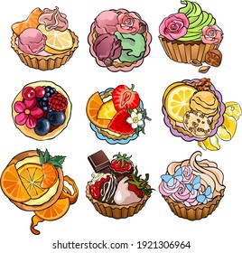 Set ofdrawings of pastry, bakery, fruit cupcakes. Collection of hand drawn vector stock food illustrations, isolated on white background, for custom design and print.