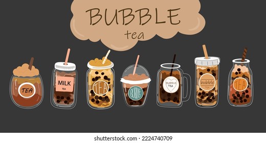 Set ofdrinks, bubble tea. Vector illustration.