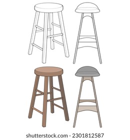 Set off Bar stool perfect coloring vector . Vector art customizable illustration. Night club, drinking establishment, pub furniture. Vector isolated drawing art. 
