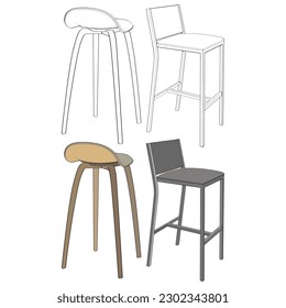 Set off Bar stool perfect coloring vector . Vector art customizable illustration. Night club, drinking establishment, pub furniture. Vector isolated drawing art. 
