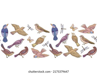 Set off birds sparrow, finches, butterflies and dragonflies. Seamless pattern, background. Hand drawing vector illustration.