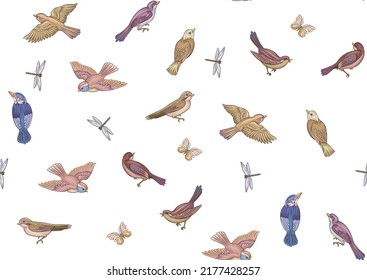 Set off birds sparrow, finches, butterflies and dragonflies. Seamless pattern, background. Hand drawing vector illustration.