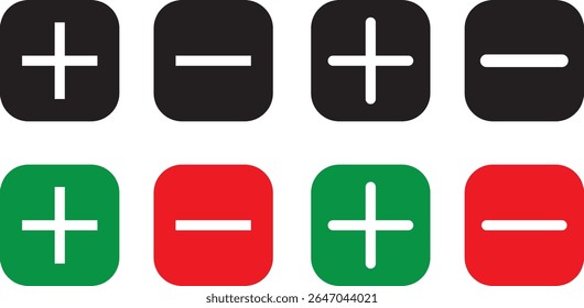 Desligue os ícones pretos de sinal de adição. Adicione sinal de adição e vetor, ícone de adição, símbolos geométricos para matemática, além de ilustração de símbolo vetorial de ícone de subtração.