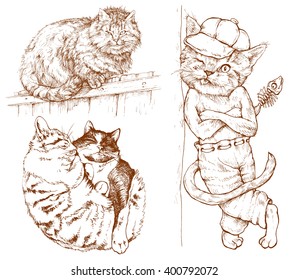 Set off cats - hand drawn vector illustration, isolated on white