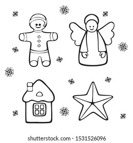 Set off Christmas and New Year  symbols and objects. Vector cartoon hand drawn icons.Black and white illustrations for coloring pages. Isolated on white background.