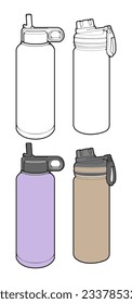 Desactivación Colorante del vector de dibujo del contorno del frasco de tumbler, botella de tumbler en un estilo de esbozo, contorno de la plantilla de entrenamiento del frasco de tumbler, ilustración del vector.
