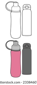 Set off Coloring of tumbler bottle outline drawing vector, tumbler bottle in a sketch style, tumbler bottle training template outline, vector Illustration.
