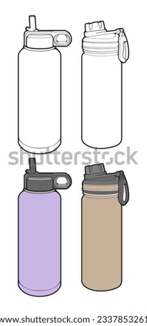 Set off Coloring of tumbler bottle outline drawing vector, tumbler bottle in a sketch style, tumbler bottle training template outline, vector Illustration.
