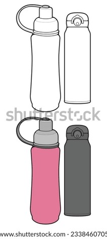 Set off Coloring of tumbler bottle outline drawing vector, tumbler bottle in a sketch style, tumbler bottle training template outline, vector Illustration.
