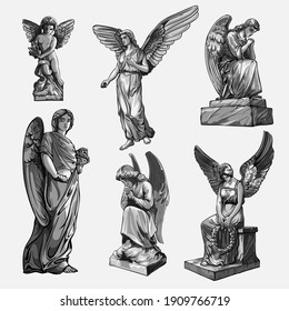 Set off Crying praying Angels sculptures with wings. Monochrome illustration of the statues of an angel. Isolated. Vector illustration