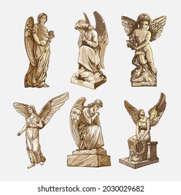 Set off Crying praying Angels sculptures with wings. Monochrome illustration of the statues of an angel. Isolated. Vector illustration
