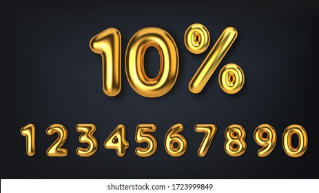 Set off discount promotion sale made of realistic 3d gold balloons. Number in the form of golden balloons. Template for products, advertizing, web banners, leaflets, certificates and postcards. Vector