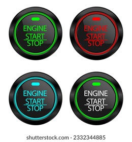 Set off the Engine start-stop button for vehicle ignition isolated on white background. The power button is a white red blue green light, Vector 3d illustration EPS10. Design for you.