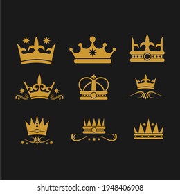 Set off flat golden vector king crowns and icon. Vector Illustration. Emblem and royal symbols.
