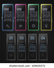 Set off infographic templates, glass banners, vector web bars on black background