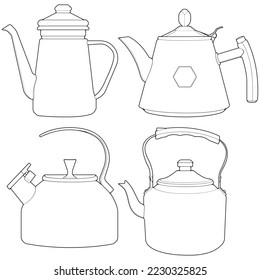 Zeichnen Sie Kettle Linie Vektorkunst auf. Teapot-Logo. Wasserkocher mit Griff einzeln auf weißem Hintergrund. Kettle in Linie Kunststil Vektor. 
